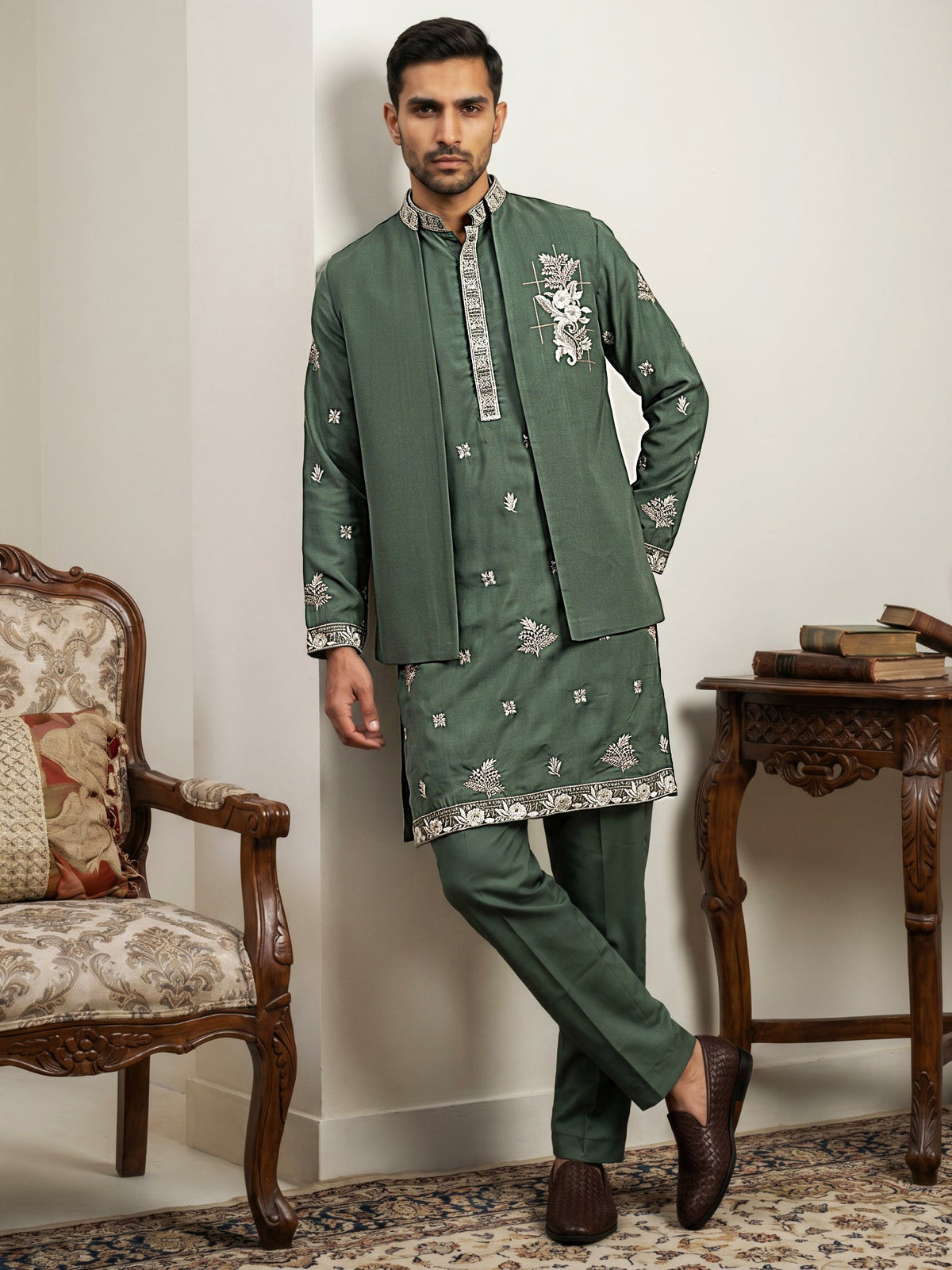 Japanese Fabric Floral Embroidered Kurta Pyjama & Waistcoat Set ( 65KPWCS 5563Olive ) [FF] [E-4]