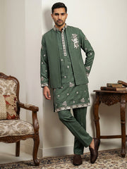 Japanese Fabric Floral Embroidered Kurta Pyjama & Waistcoat Set ( 65KPWCS 5563Olive ) [FF] [E-4]