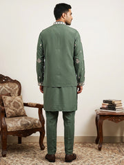 Japanese Fabric Floral Embroidered Kurta Pyjama & Waistcoat Set ( 65KPWCS 5563Olive ) [FF] [E-4]