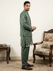 Japanese Fabric Floral Embroidered Kurta Pyjama & Waistcoat Set ( 65KPWCS 5563Olive ) [FF] [E-4]