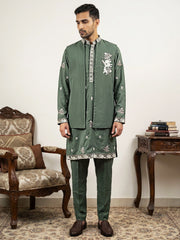 Japanese Fabric Floral Embroidered Kurta Pyjama & Waistcoat Set ( 65KPWCS 5563Olive ) [FF] [E-4]