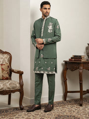 Japanese Fabric Floral Embroidered Kurta Pyjama & Waistcoat Set ( 65KPWCS 5563Olive ) [FF] [E-4]