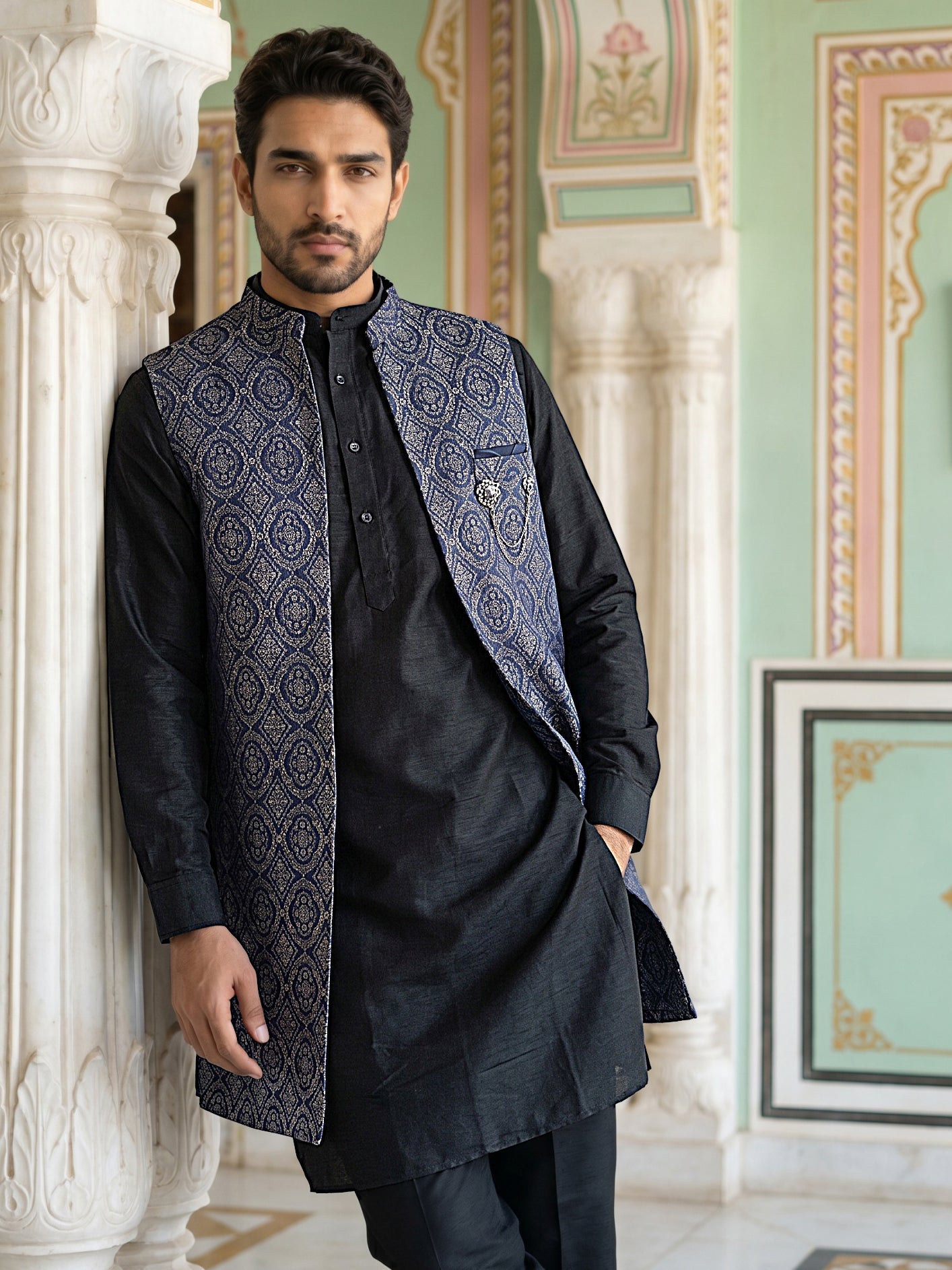 DesiQlo Men Woven Design Nehru Jacket and Kurta Pyjama  - 65KPWCS_5586