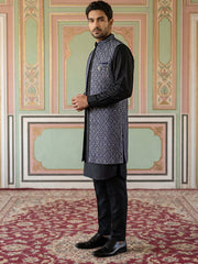 Jacquard Woven Silk Blend Waistcoat Kurta Set ( 65KPWCS 5586B 4175Brown )