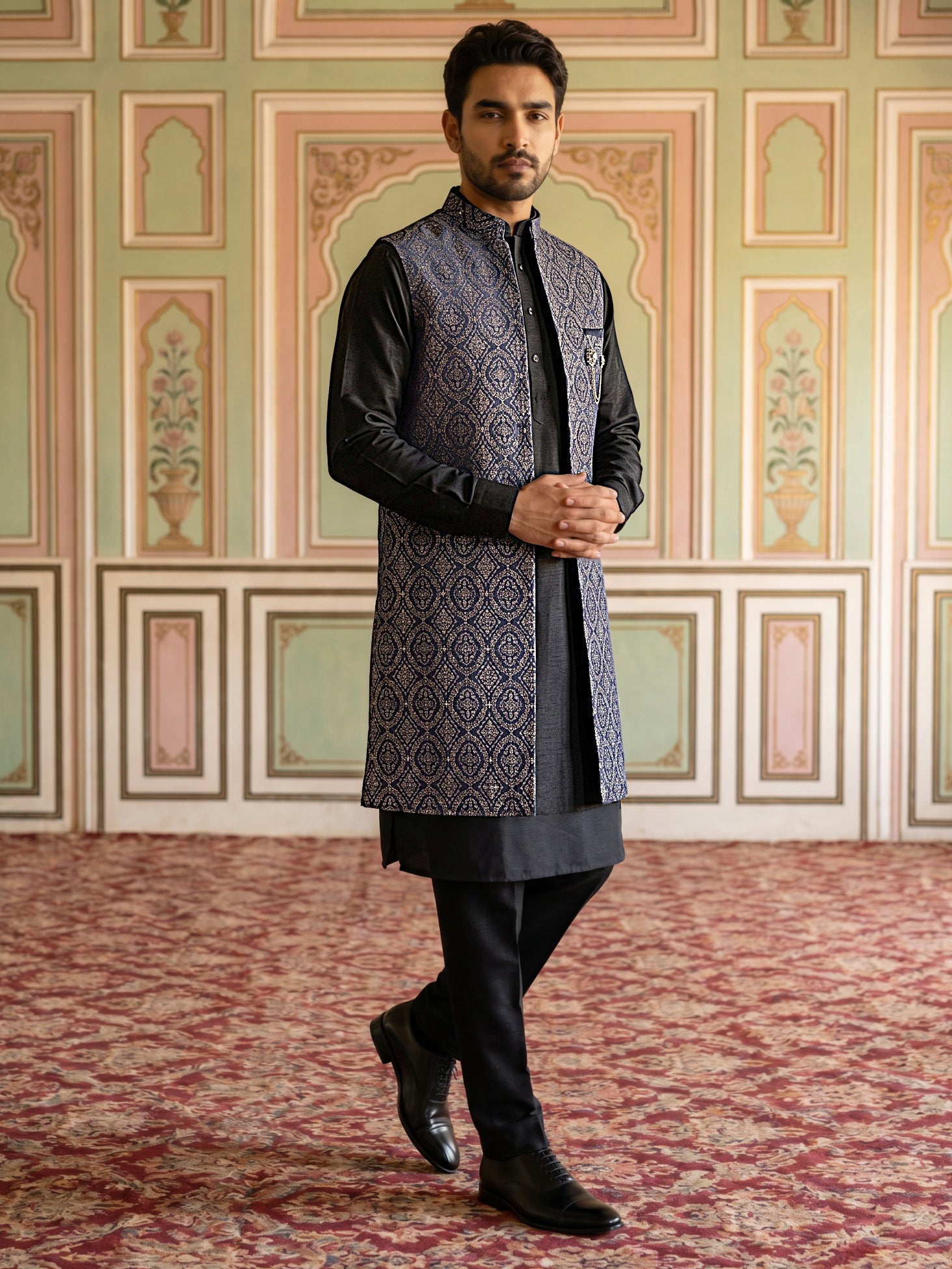 DesiQlo Men Woven Design Nehru Jacket and Kurta Pyjama  - 65KPWCS_5586