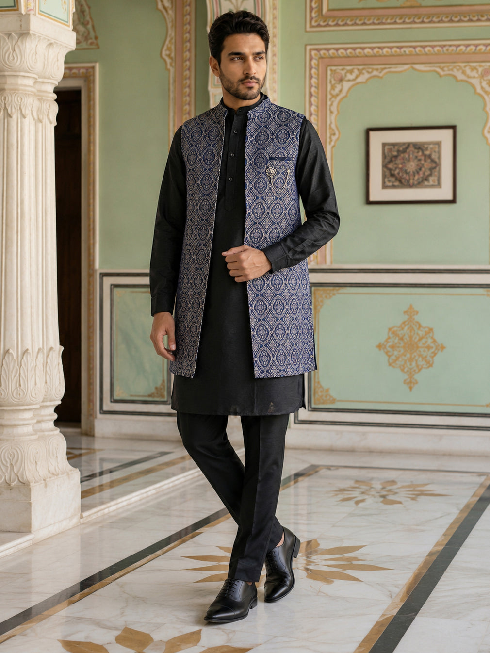 DesiQlo Men Woven Design Nehru Jacket and Kurta Pyjama  - 65KPWCS_5586
