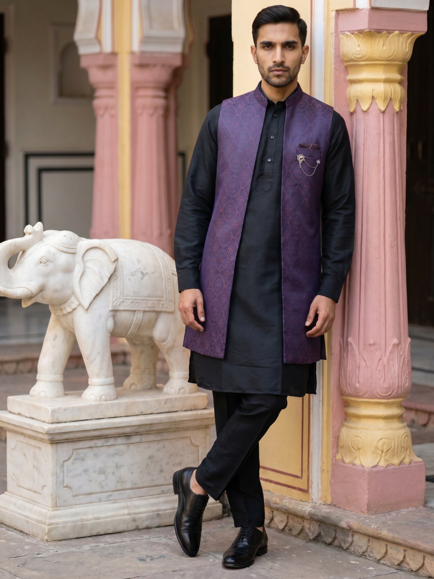DesiQlo Men Woven Design Nehru Jacket and Kurta Pyjama  - 65 maroon