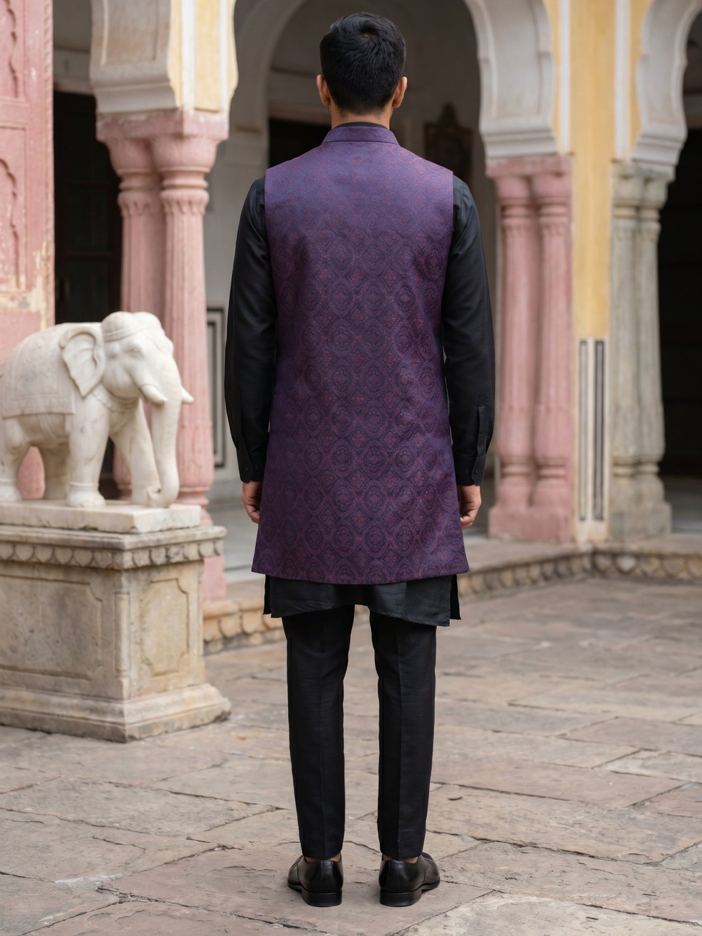 DesiQlo Men Woven Design Nehru Jacket and Kurta Pyjama  - 65 maroon
