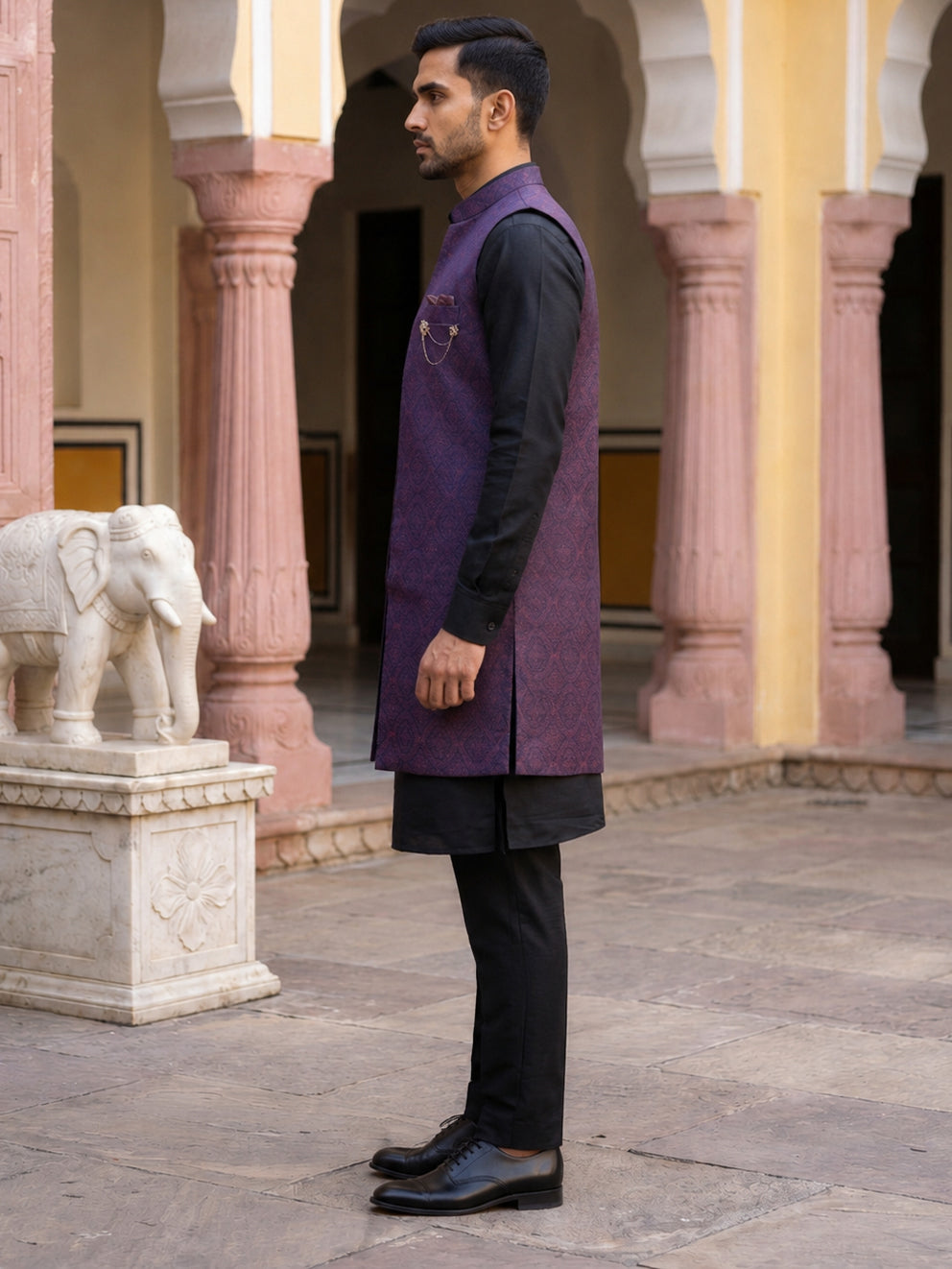 DesiQlo Men Woven Design Nehru Jacket and Kurta Pyjama  - 65 maroon
