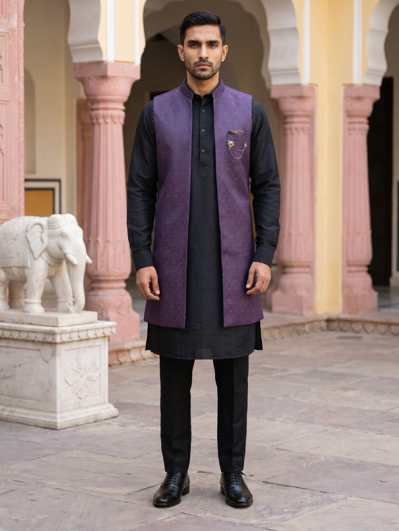 DesiQlo Men Woven Design Nehru Jacket and Kurta Pyjama  - 65 maroon