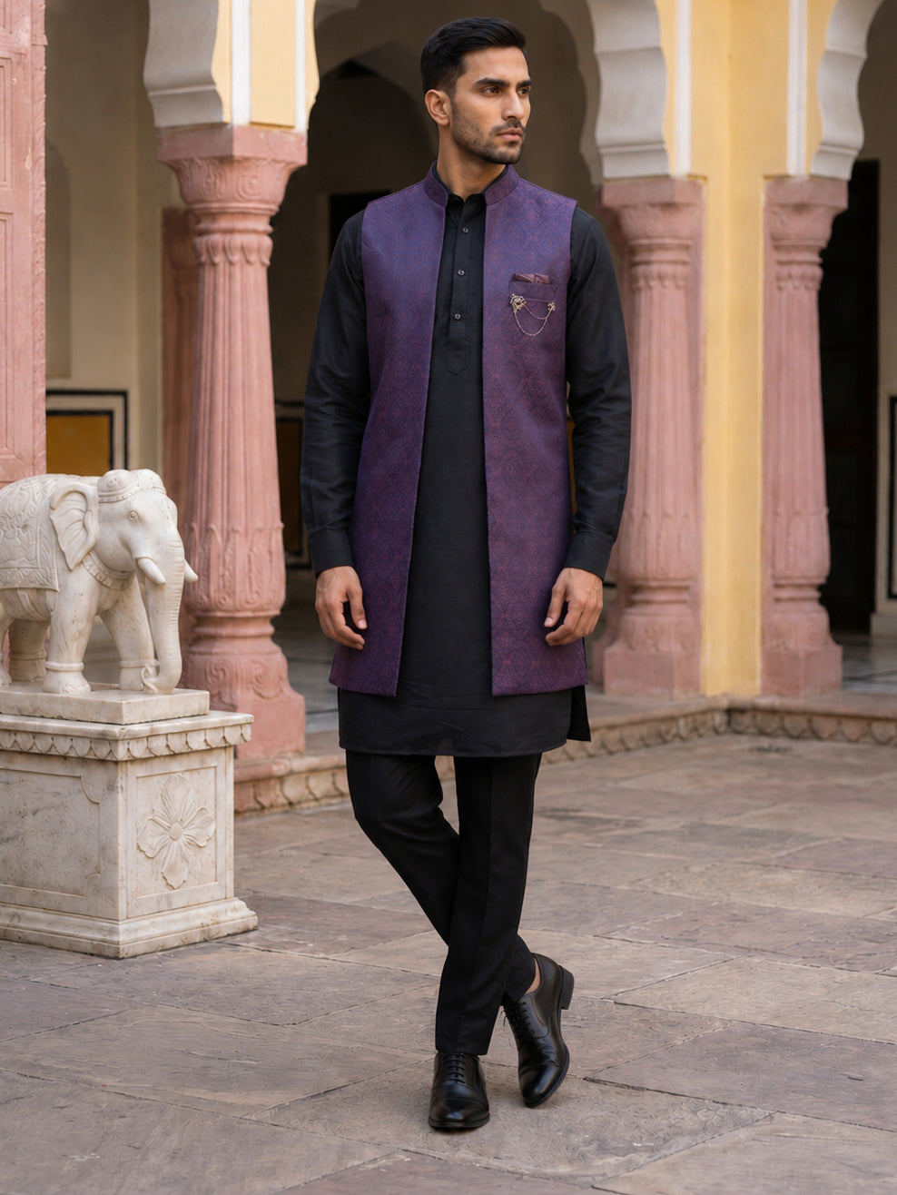 DesiQlo Men Woven Design Nehru Jacket and Kurta Pyjama  - 65 maroon