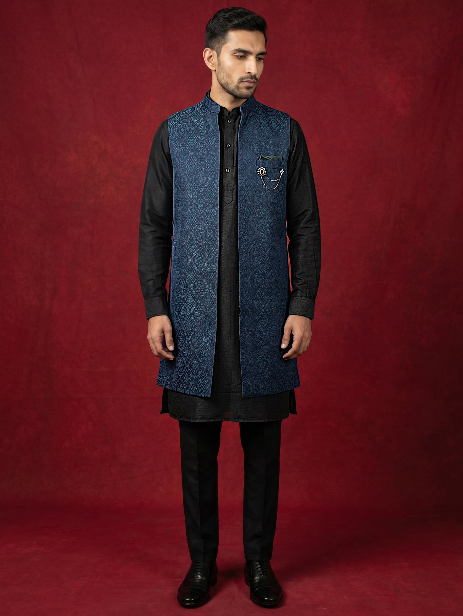 DesiQlo Men Woven Design Nehru Jacket and Kurta Pyjama  - 65 75teal