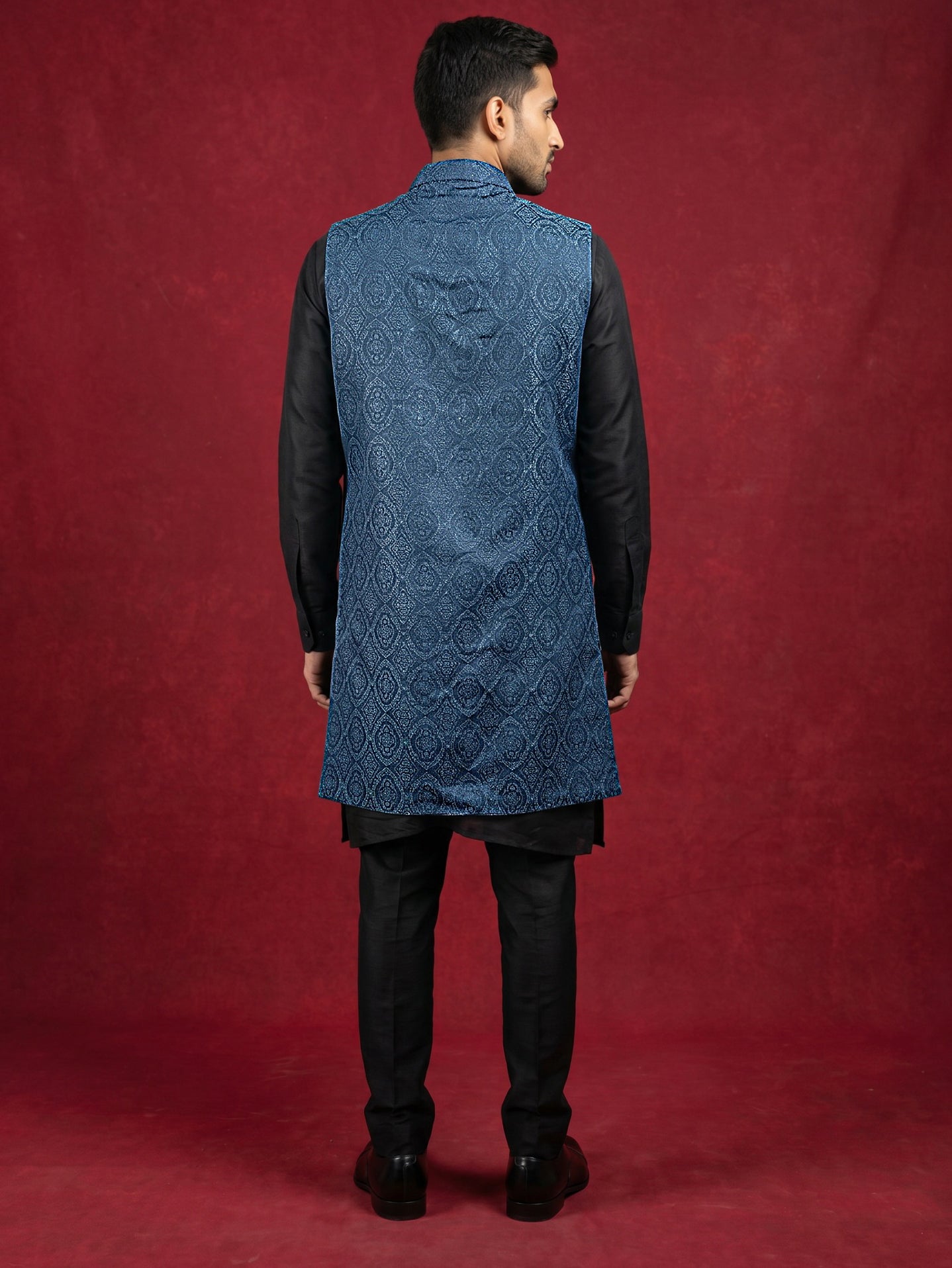 DesiQlo Men Woven Design Nehru Jacket and Kurta Pyjama  - 65 75teal