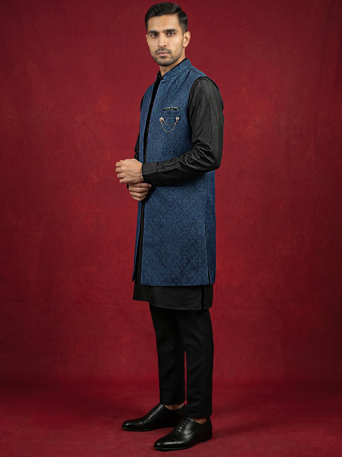 DesiQlo Men Woven Design Nehru Jacket and Kurta Pyjama  - 65 75teal