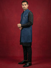 Jacquard Woven Silk Blend Waistcoat Kurta Set ( 65KPWCS 5586B 4175Teal )