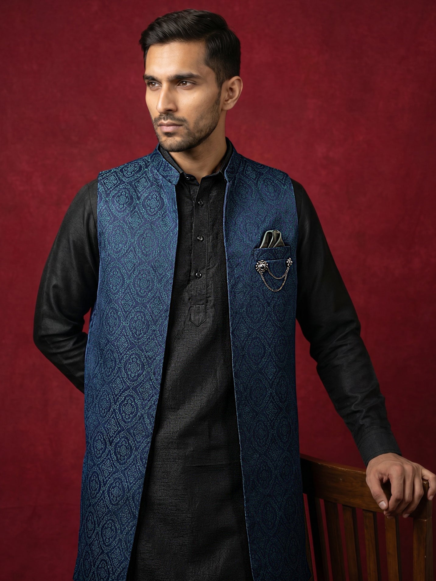 DesiQlo Men Woven Design Nehru Jacket and Kurta Pyjama  - 65 75teal