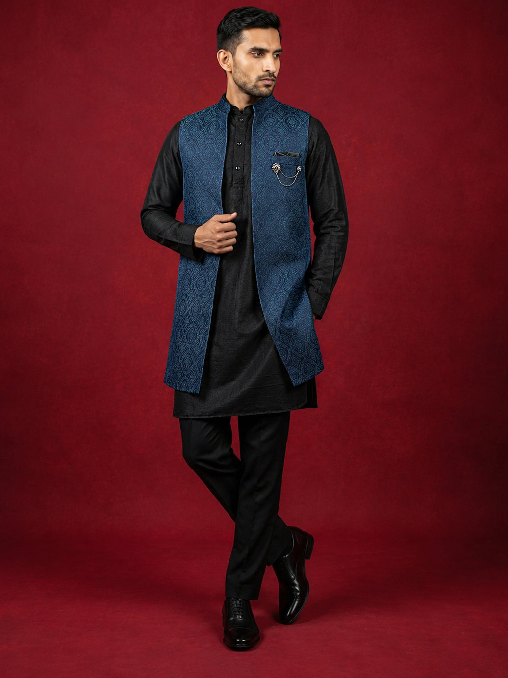 DesiQlo Men Woven Design Nehru Jacket and Kurta Pyjama  - 65 75teal