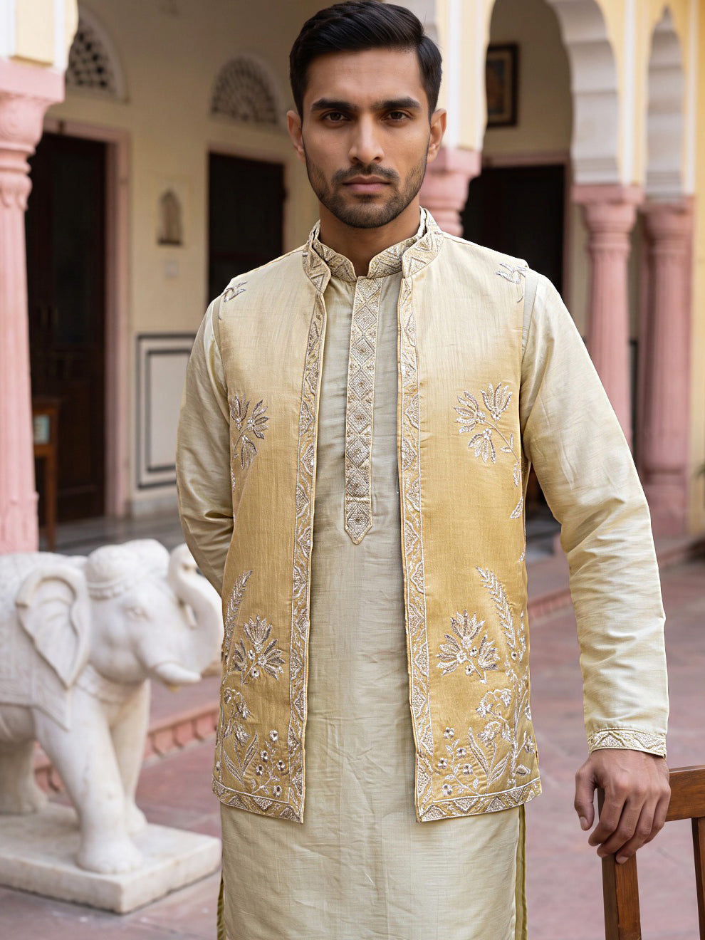 DesiQlo Men Embroidered Nehru Jacket and Kurta Pyjama S - 65KPWCS_MC_5