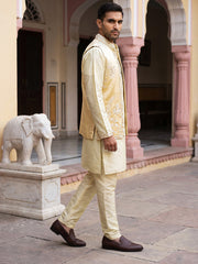 Men Silk Blend Embroidered Kurta Pyjama with Waistcoat Set ( 65KPWCS MC 5617Yellow )