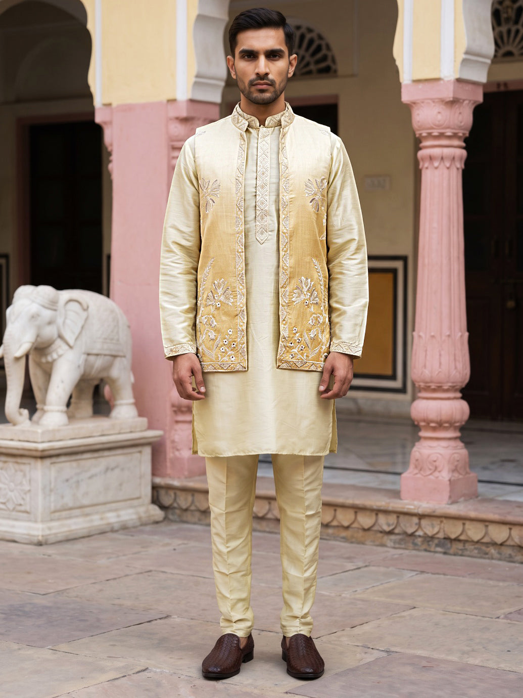 DesiQlo Men Embroidered Nehru Jacket and Kurta Pyjama S - 65KPWCS_MC_5