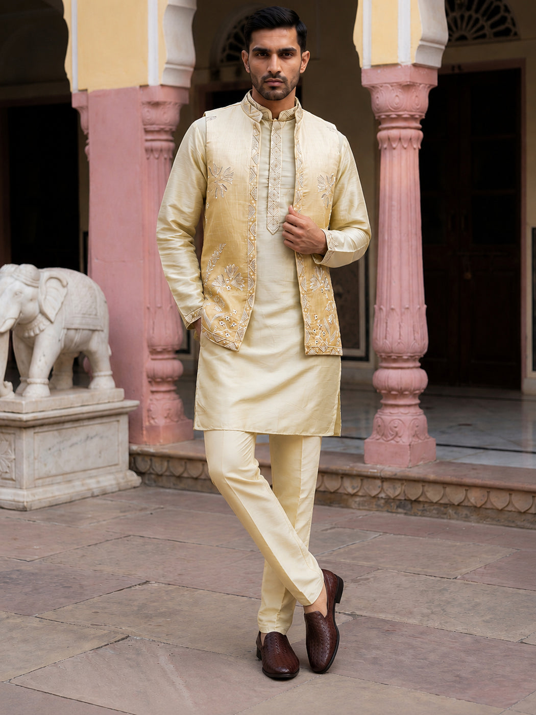 DesiQlo Men Embroidered Nehru Jacket and Kurta Pyjama S - 65KPWCS_MC_5