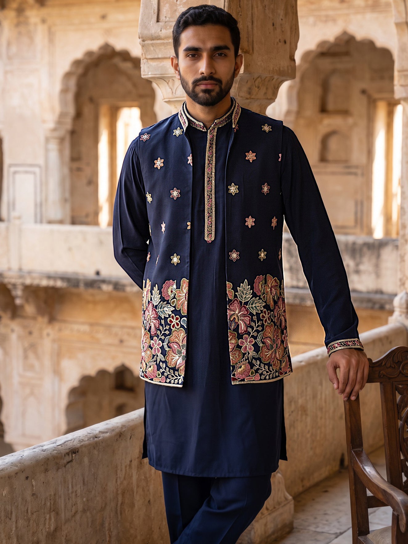 DesiQlo Men Embroidered Nehru Jacket and Kurta Pyjama S - 65 18navy