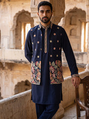 Japanese Fabric Embroidered Kurta & Waistcoat Set ( 65KPWCS MC 5618Navy )