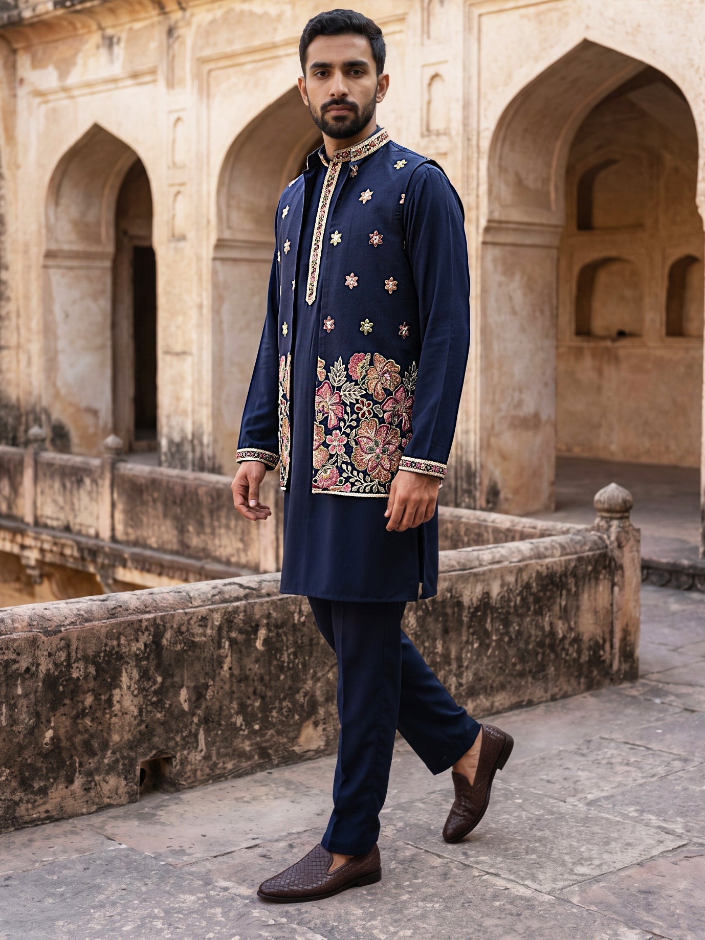 DesiQlo Men Embroidered Nehru Jacket and Kurta Pyjama S - 65 18navy