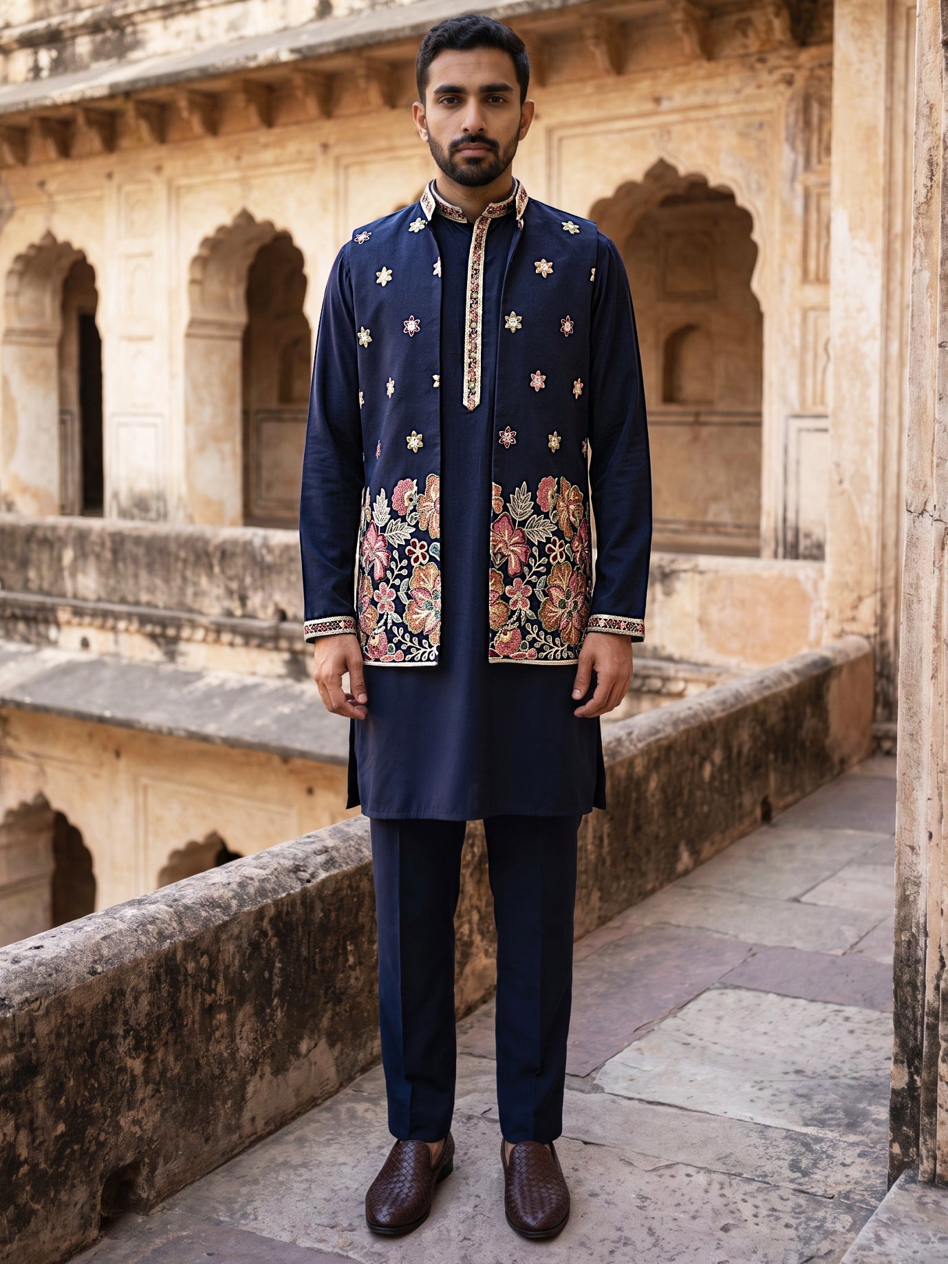 DesiQlo Men Embroidered Nehru Jacket and Kurta Pyjama S - 65 18navy