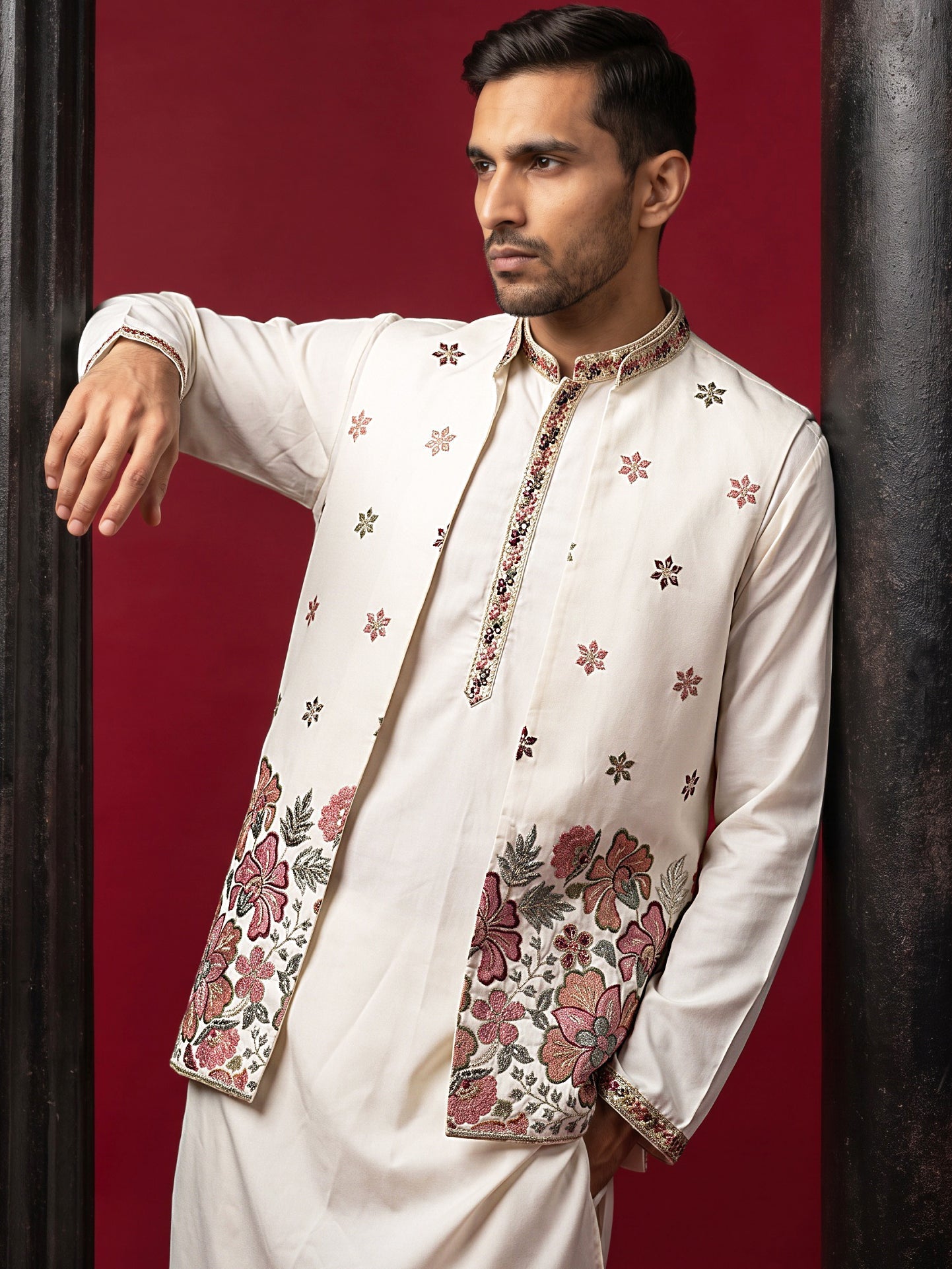 DesiQlo Men Embroidered Nehru Jacket and Kurta Pyjama S - 65 8white