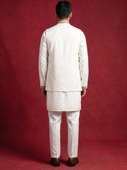 Japanese Fabric Embroidered Kurta & Waistcoat Set ( 65KPWCS MC 5618White )