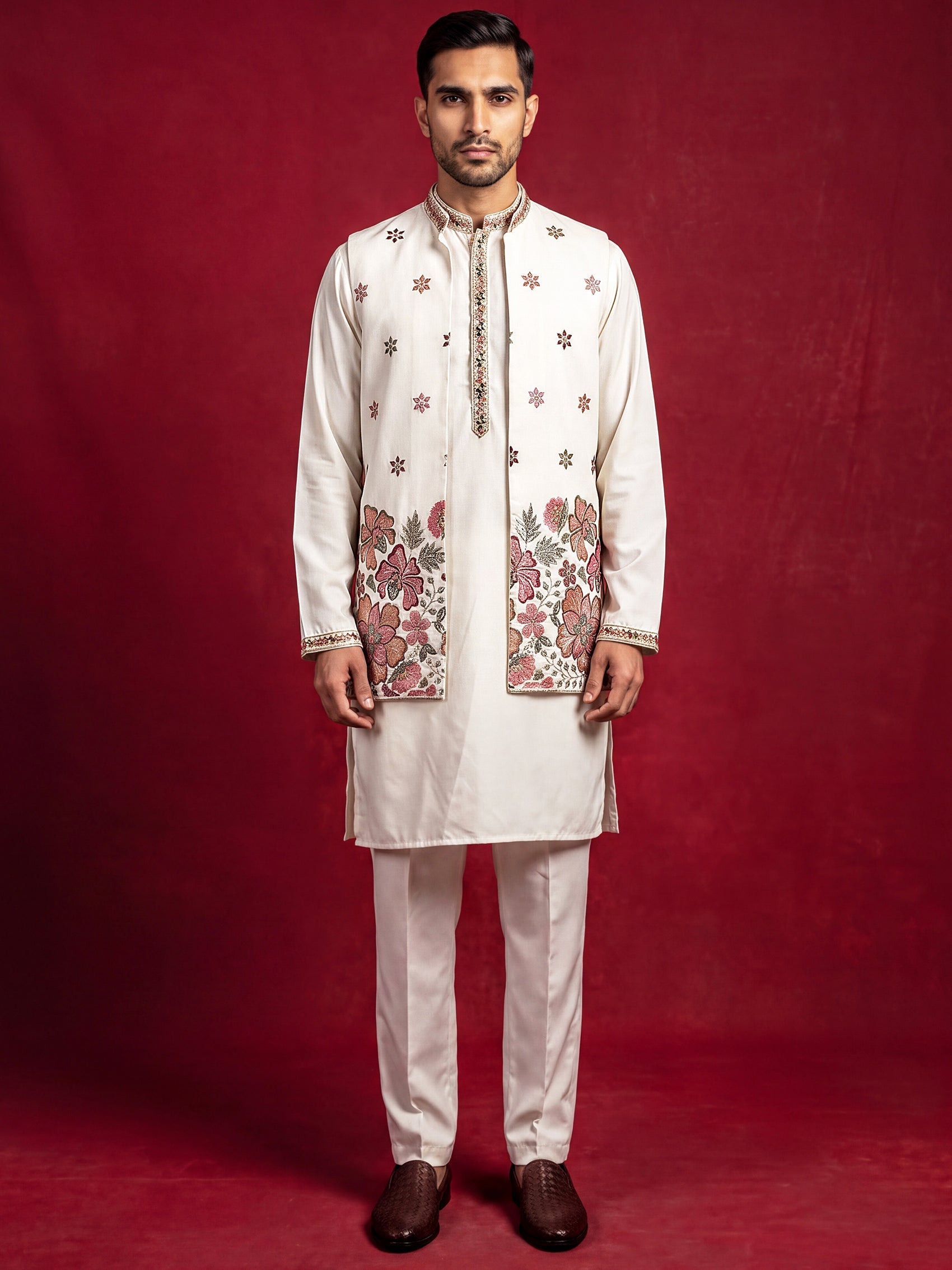 DesiQlo Men Embroidered Nehru Jacket and Kurta Pyjama S - 65 8white