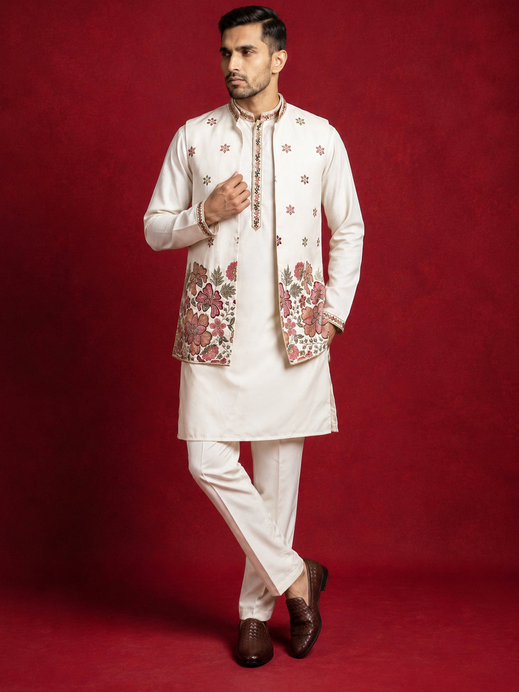 DesiQlo Men Embroidered Nehru Jacket and Kurta Pyjama S - 65 8white