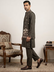 Japanese Fabric Embroidered Kurta & Waistcoat Set ( 65KPWCS MC 5620Brown )