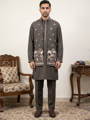 Japanese Fabric Embroidered Kurta & Waistcoat Set ( 65KPWCS MC 5620Brown )