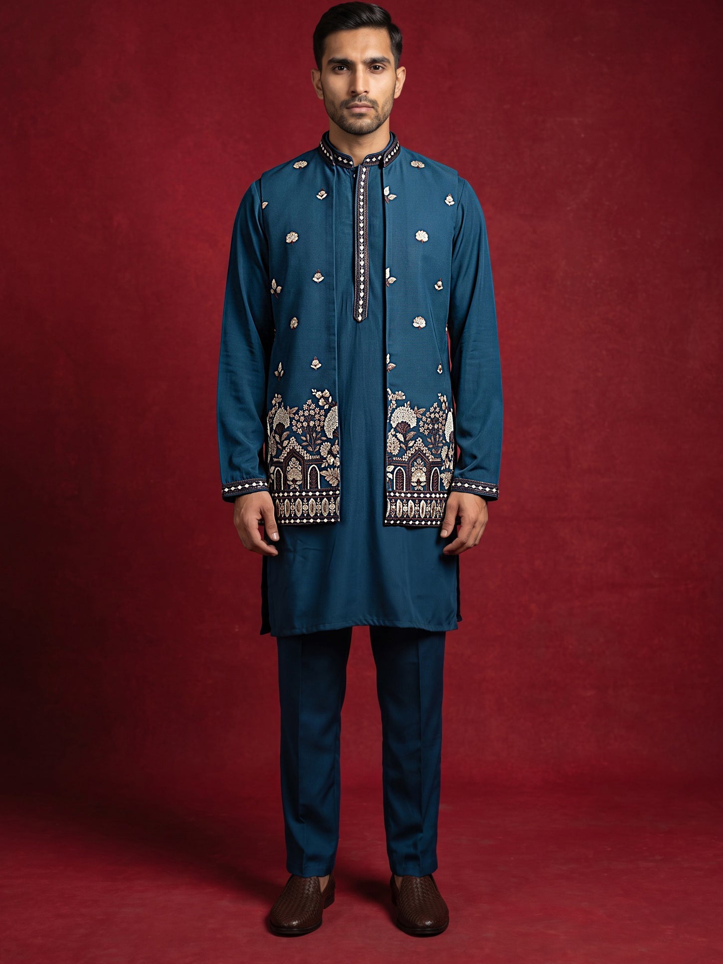 DesiQlo Men Embroidered Nehru Jacket and Kurta Pyjama S - 65 eacock