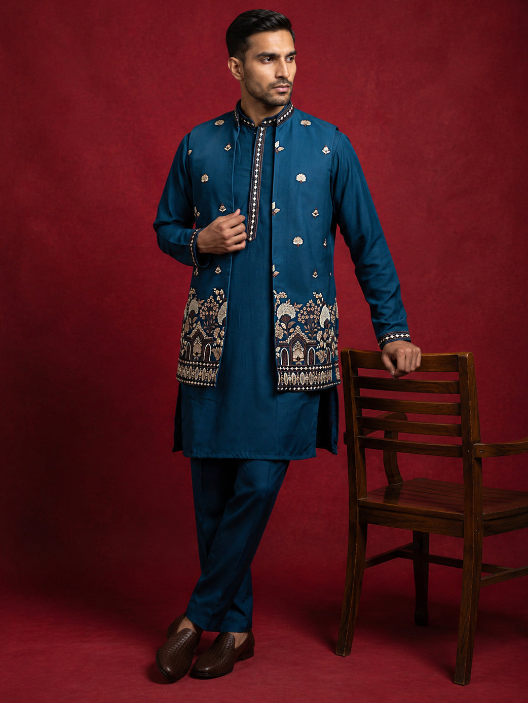 DesiQlo Men Embroidered Nehru Jacket and Kurta Pyjama S - 65 eacock