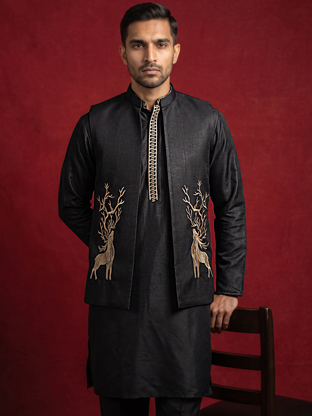 DesiQlo Men Embroidered Nehru Jacket and Kurta Pyjama S - 65 1black
