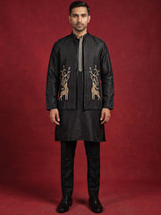Silk Blend Embroidered Kurta Waistcoat Set ( 65KPWCS MC 5621Black )
