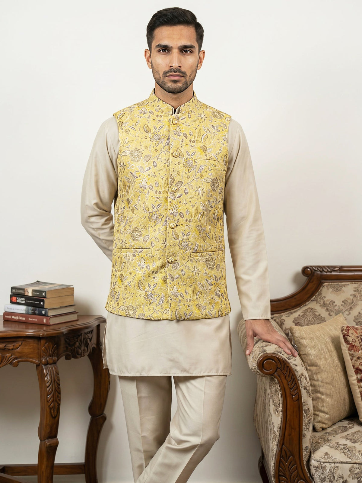 Men's Floral Jacquard Silk Blend Nehru Jacket with Kurta Set ( 65KPWC 5586BG 4155Yellow )
