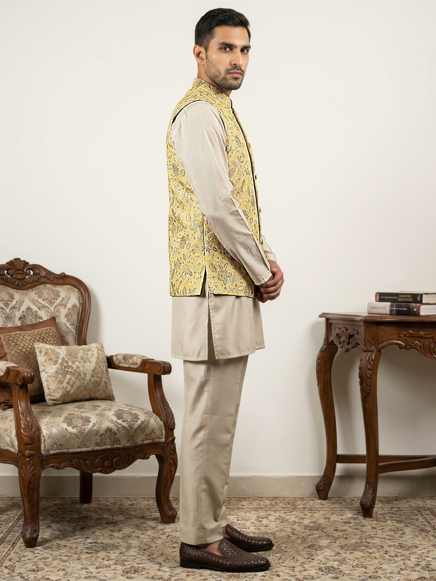 DesiQlo Men Woven Design Nehru Jacket and Kurta Pyjama  - 65 yellow