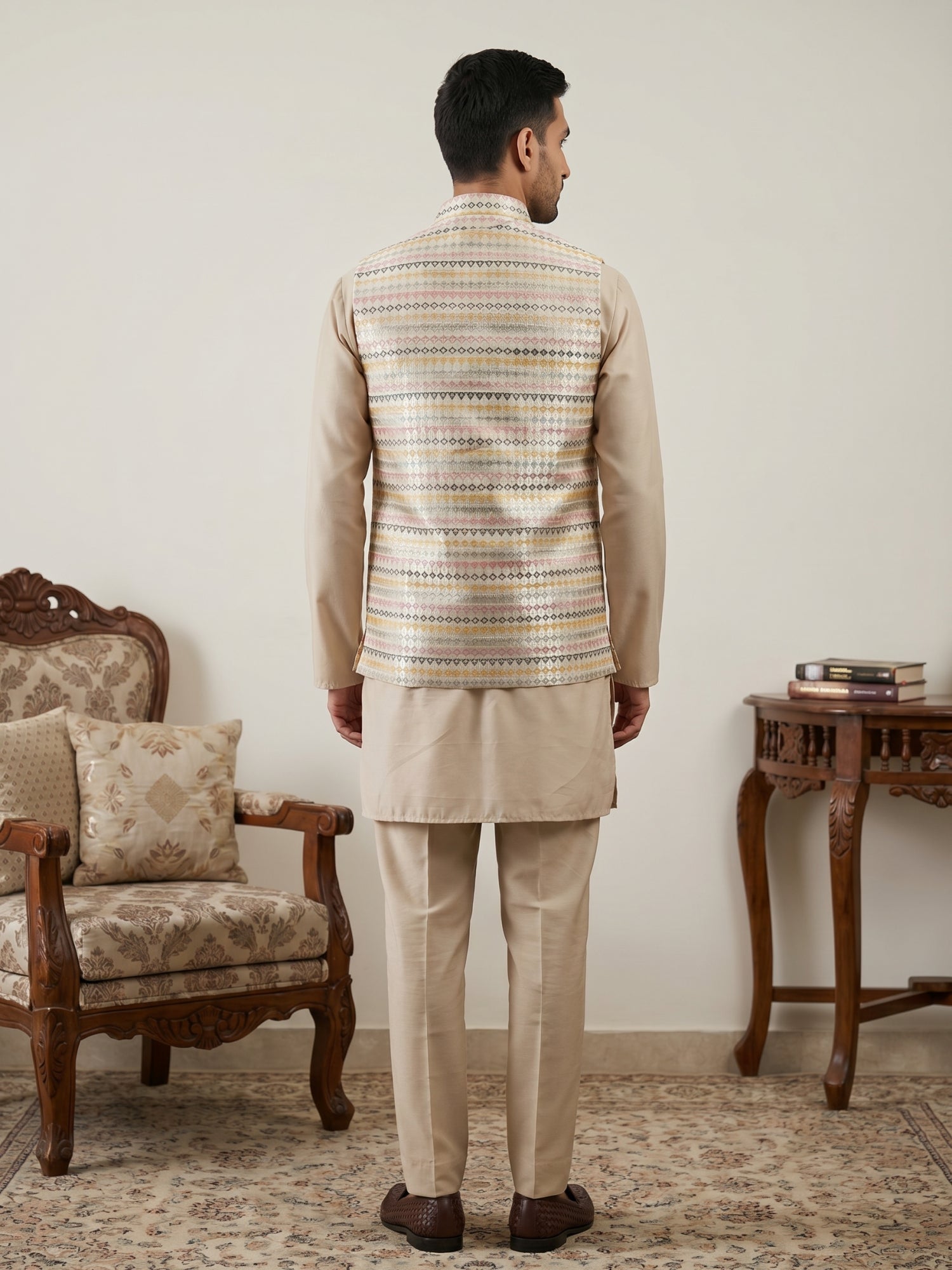 DesiQlo Men Woven Design Nehru Jacket and Kurta Pyjama  - 65 golden