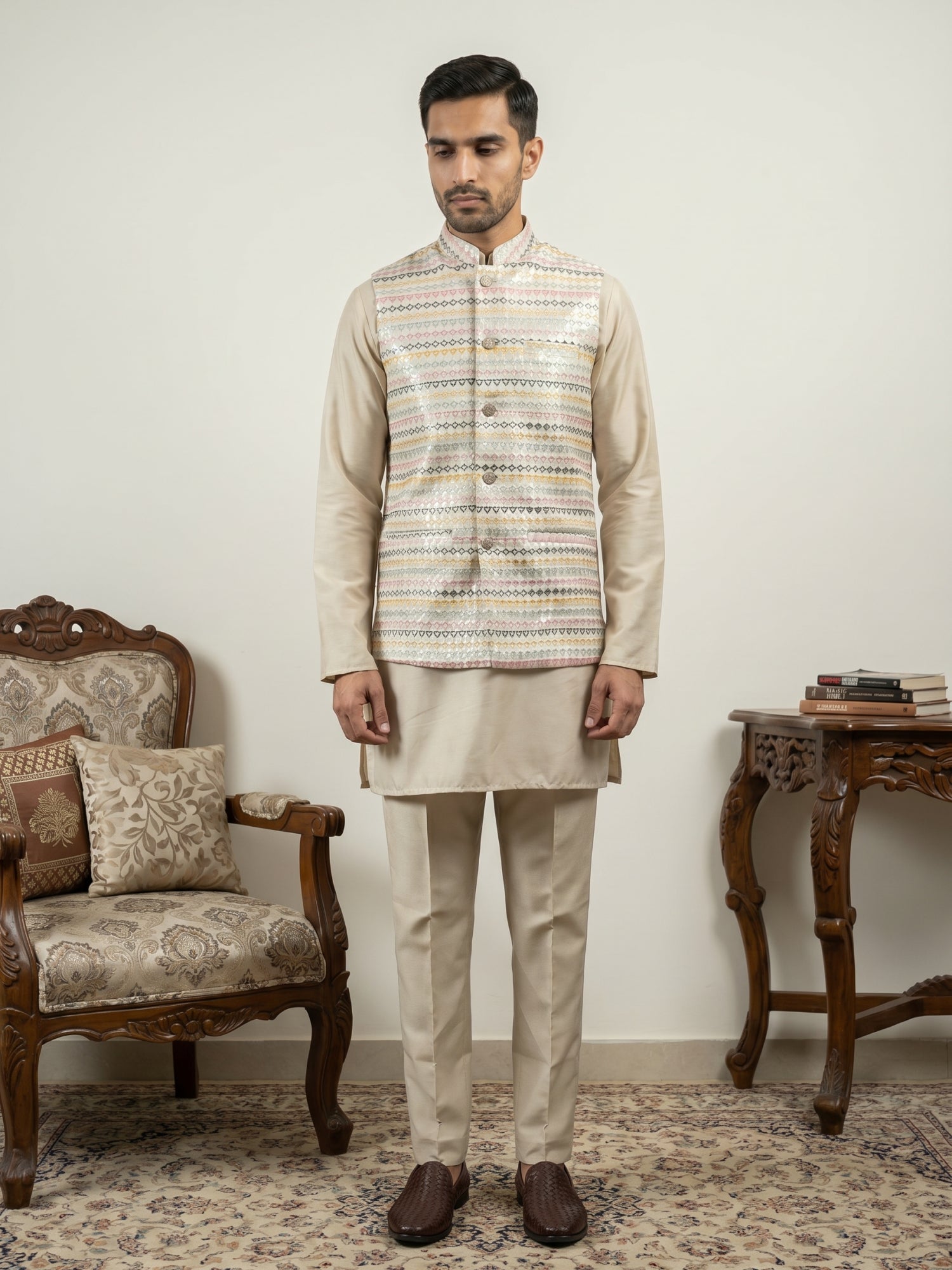 DesiQlo Men Woven Design Nehru Jacket and Kurta Pyjama  - 65 golden