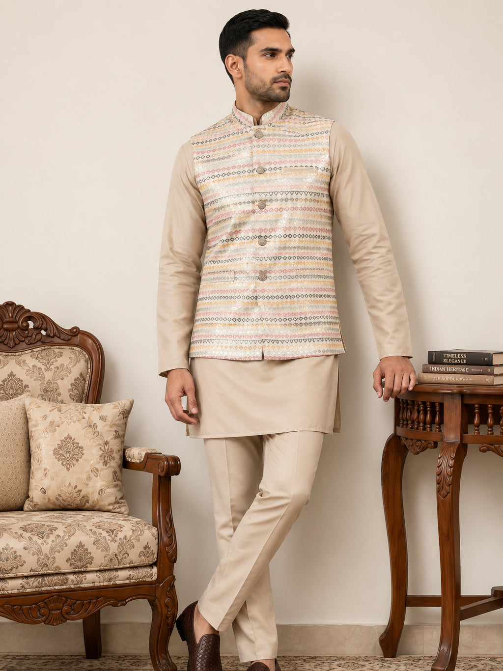 DesiQlo Men Woven Design Nehru Jacket and Kurta Pyjama  - 65 golden