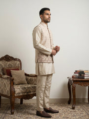 Men Cotton Blend Printed Nehru Jacket Kurta Set ( 65KPWC 5586BG 4162Beige )