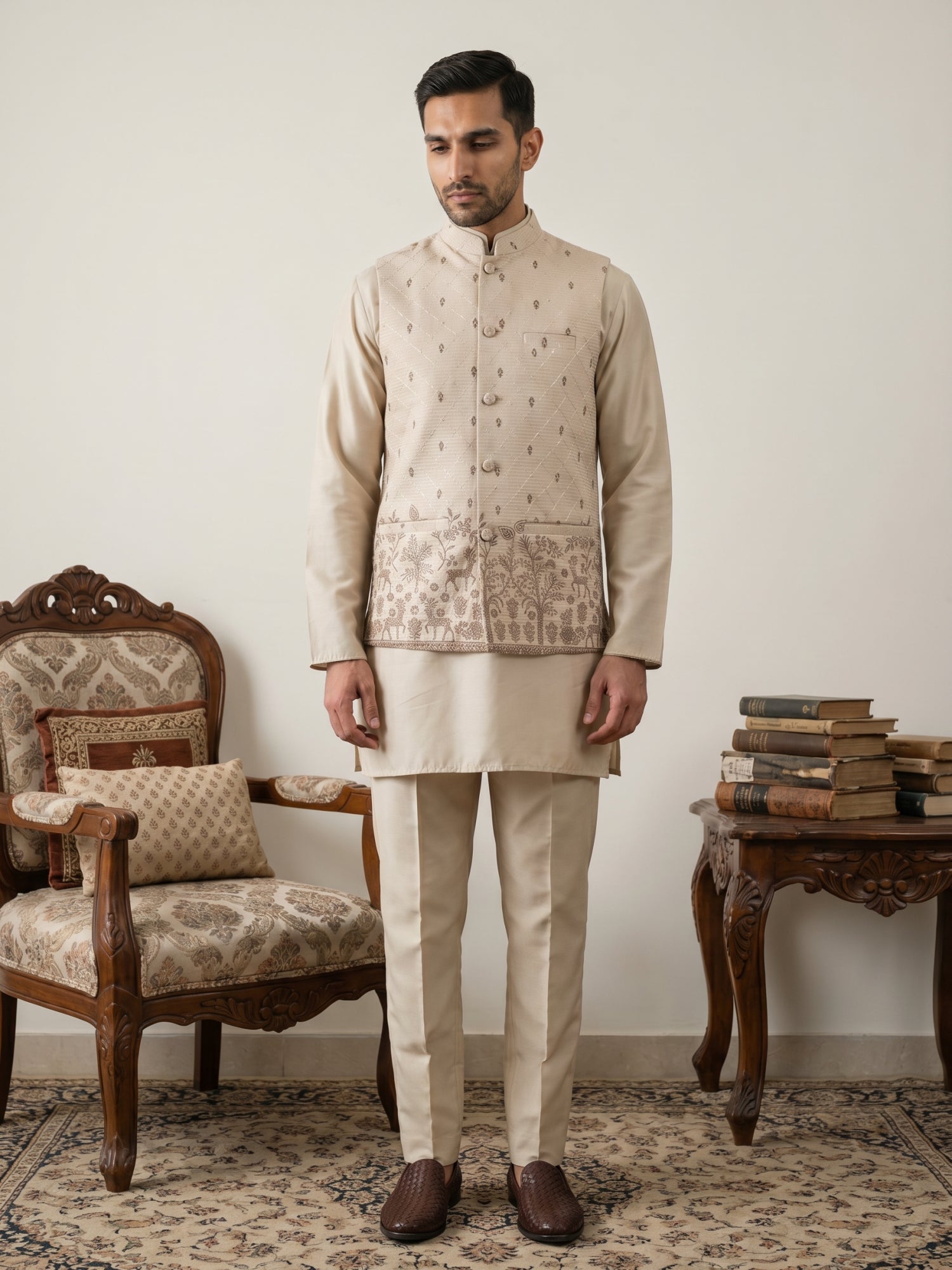 DesiQlo Men Printed Nehru Jacket and Kurta Pyjama Set - - 65 2beige
