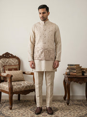 Men Cotton Blend Printed Nehru Jacket Kurta Set ( 65KPWC 5586BG 4162Beige )