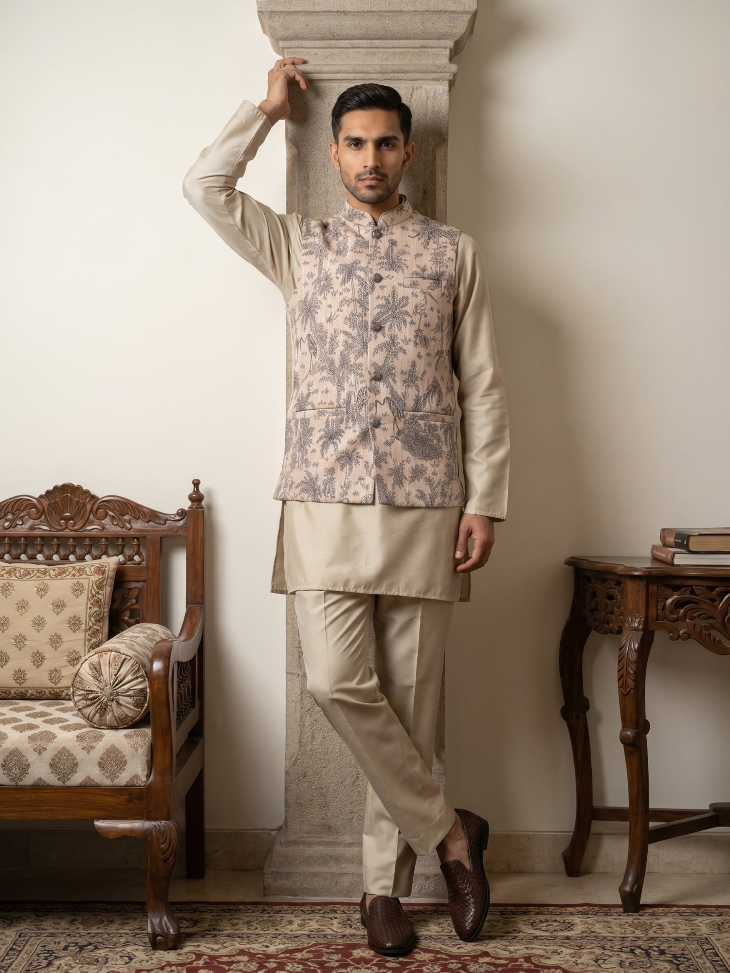 DesiQlo Men Printed Nehru Jacket and Kurta Pyjama Set - - 65 3beige