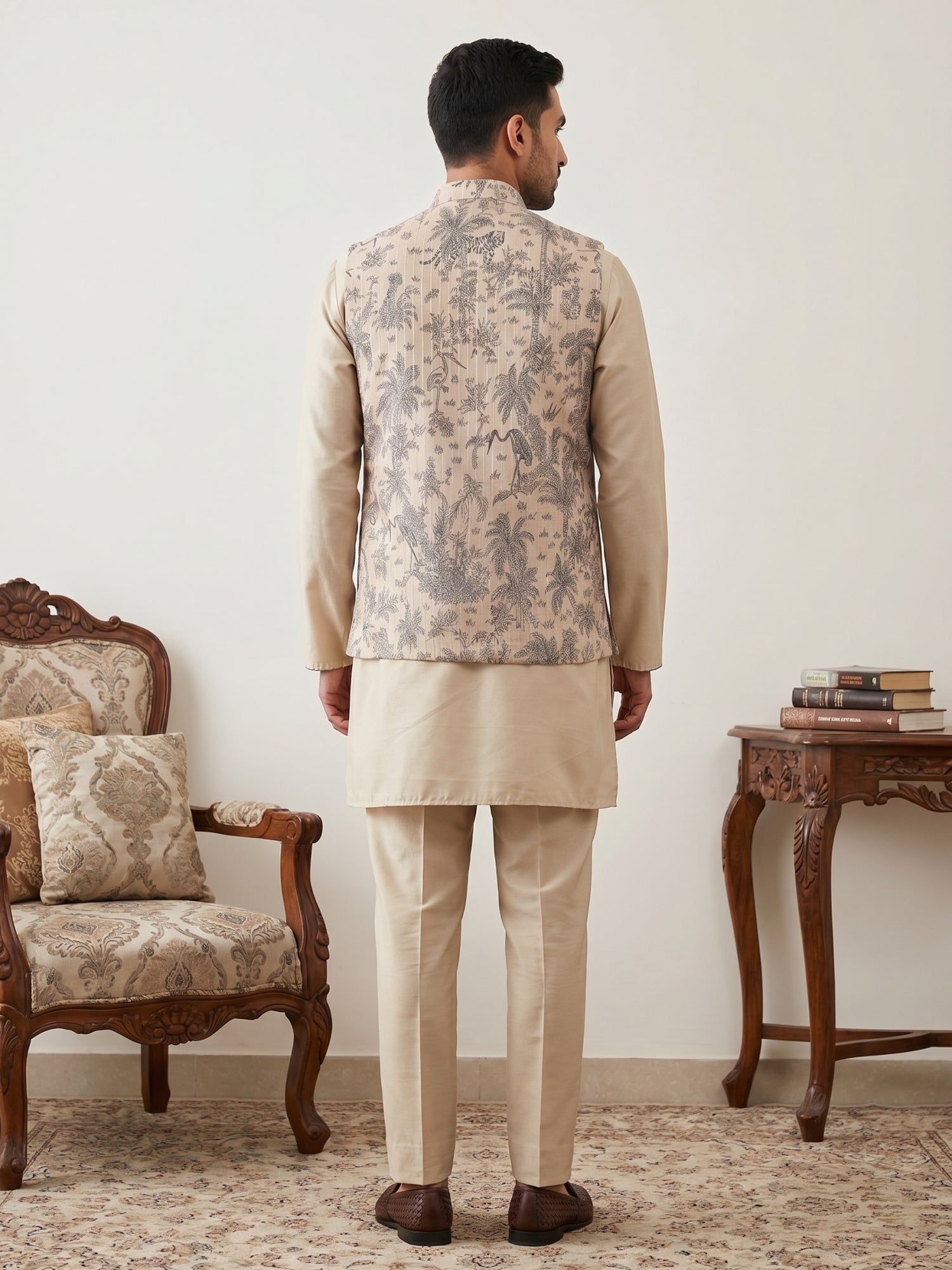 DesiQlo Men Printed Nehru Jacket and Kurta Pyjama Set - - 65 3beige