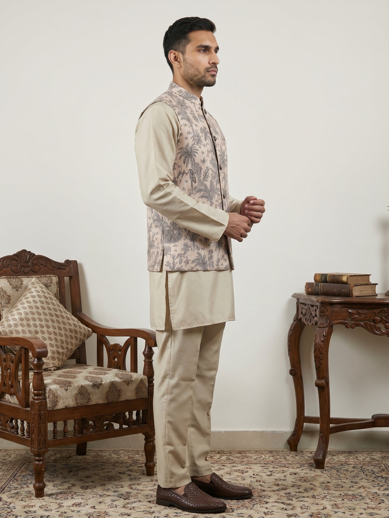 DesiQlo Men Printed Nehru Jacket and Kurta Pyjama Set - - 65 3beige